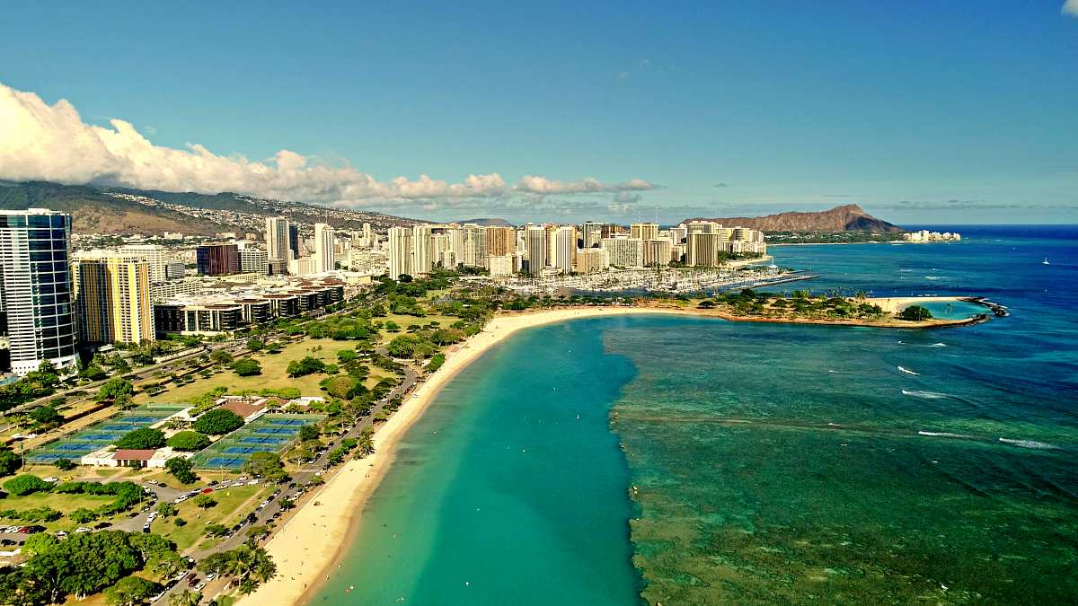 Aerial view of Ala Moana Beach Park lagoon with Diamond Head in the background, Oahu