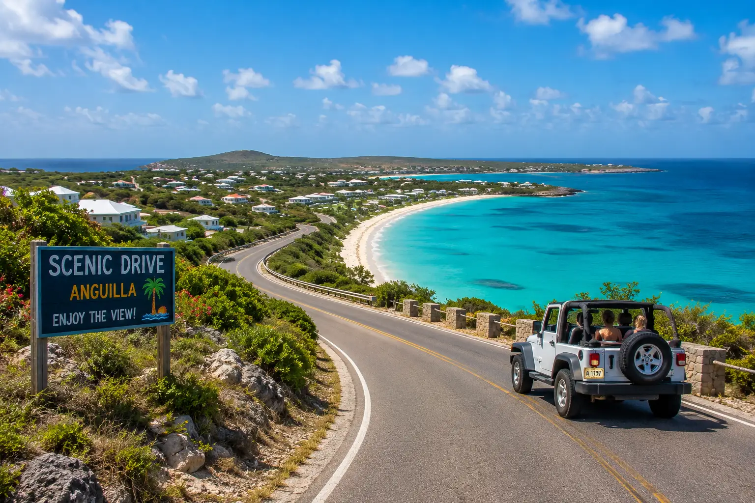 A scenic overlook of a road winding down to a turquoise bay in Anguilla