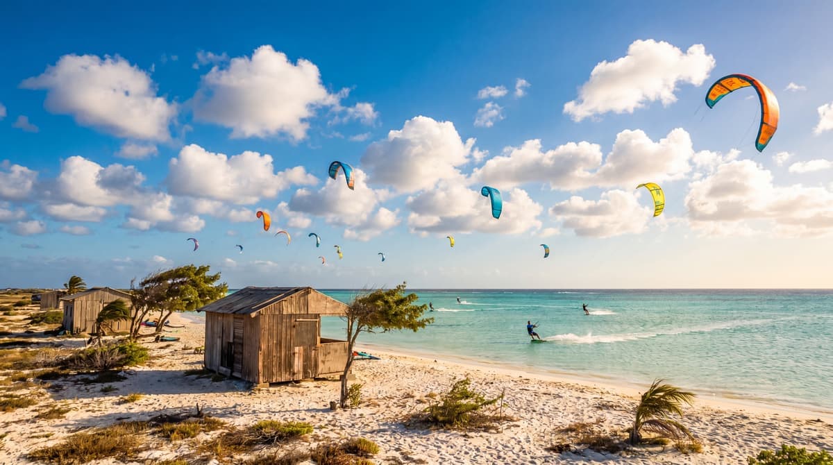 Kitesurfers and a beach cabana on a windy, sunny day in Aruba, illustrating the islands consistent trade-wind weather