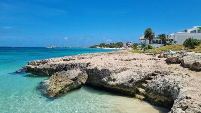 Shallow, clear water over a rocky point at Malmok Beach, Aruba