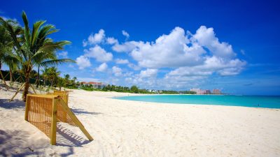 Wide white sand beach and calm turquoise water at Cabbage Beach, Paradise Island, Bahamas