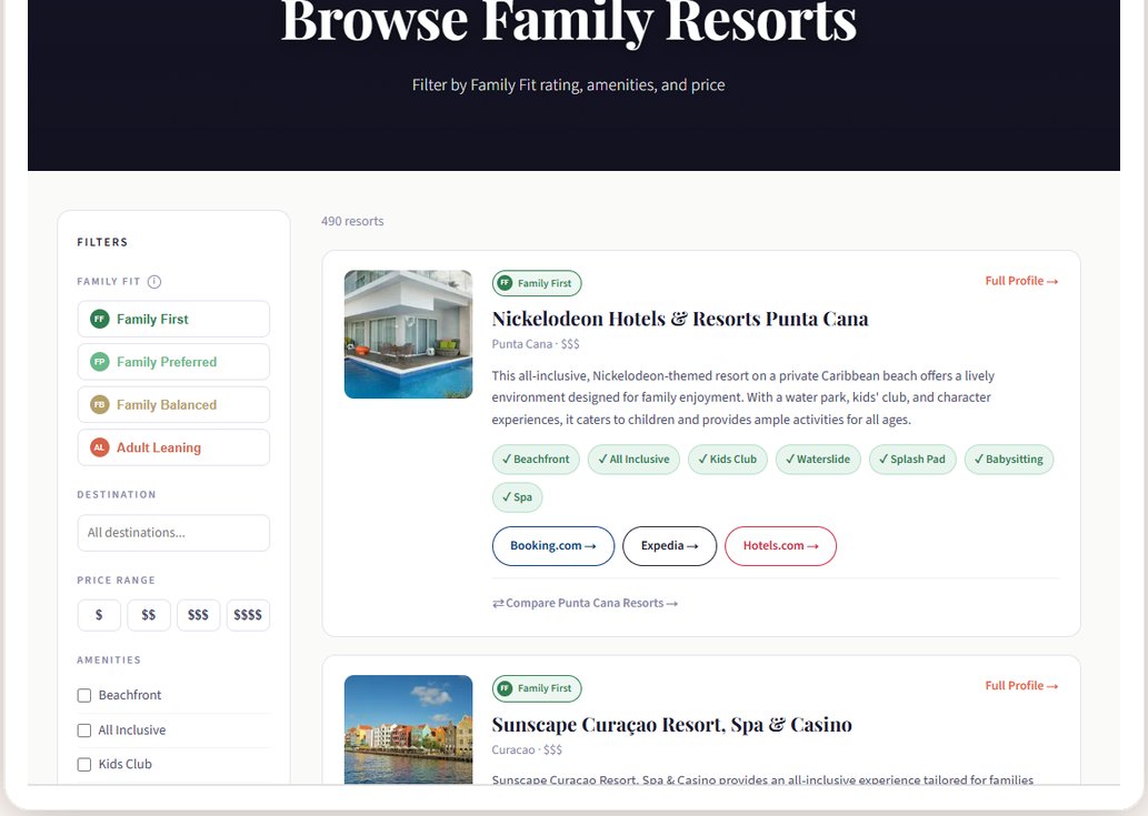 Browse family resorts, filter by Family Fit rating