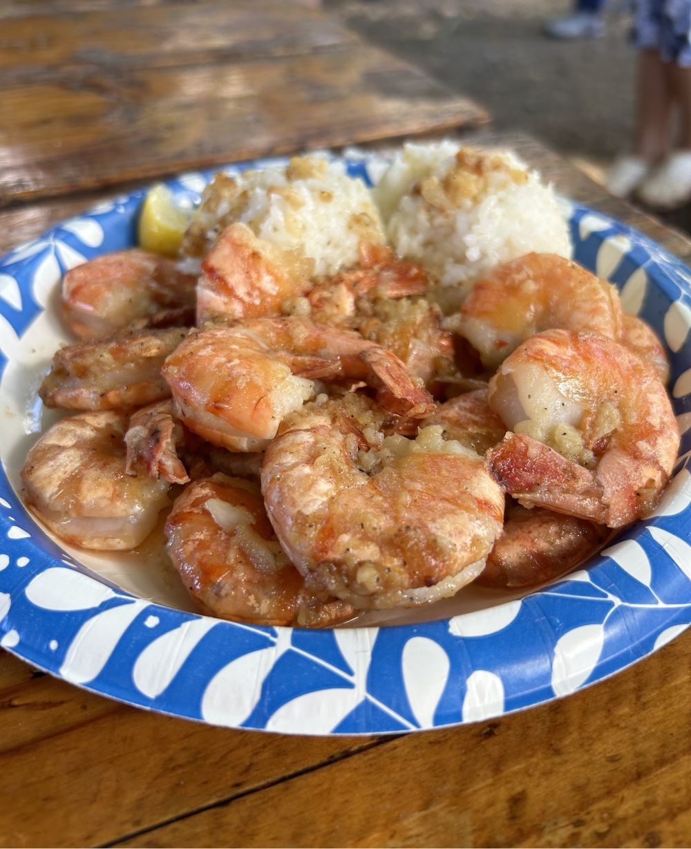 Garlic butter shrimp plate lunch with rice, a budget-friendly Oahu meal