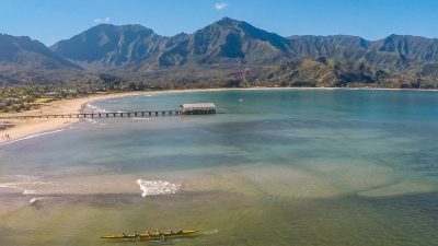 Hanalei Bay pier and mountains North Shore Kauai
