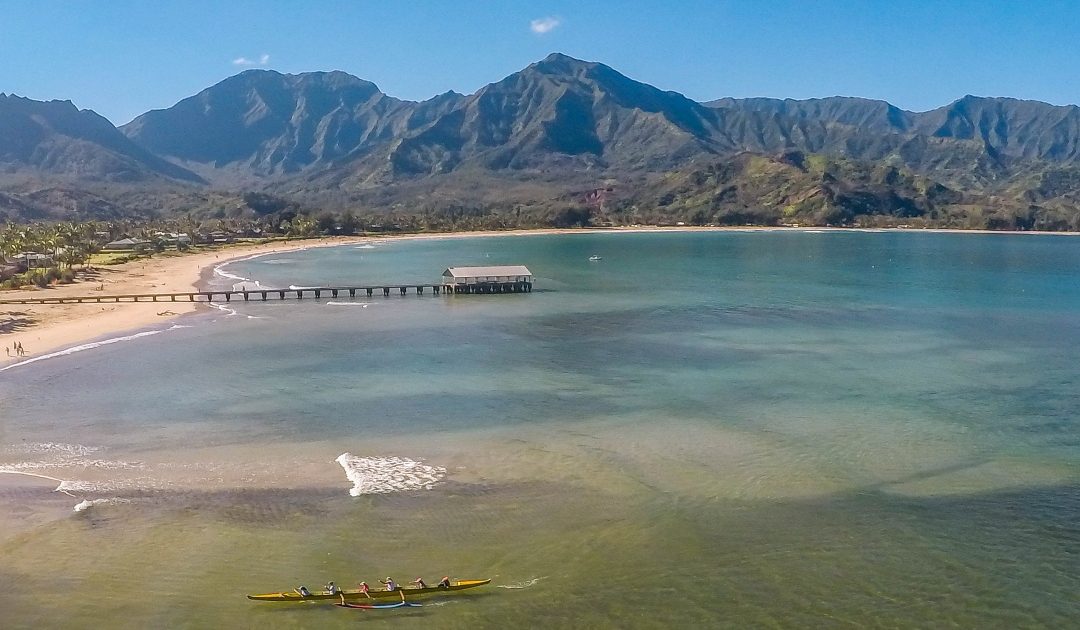 Hanalei Bay pier and mountains North Shore Kauai