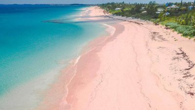 Aerial view of the pink sand beach on Harbour Island, Eleuthera, Bahamas