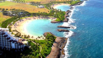 Aerial view of Ko Olina protected lagoons and resort coastline in Oahu
