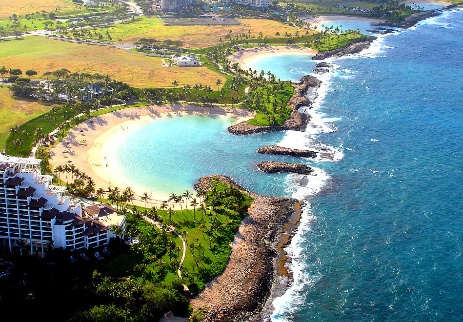 Aerial view of Ko Olina protected lagoons and resort coastline in Oahu