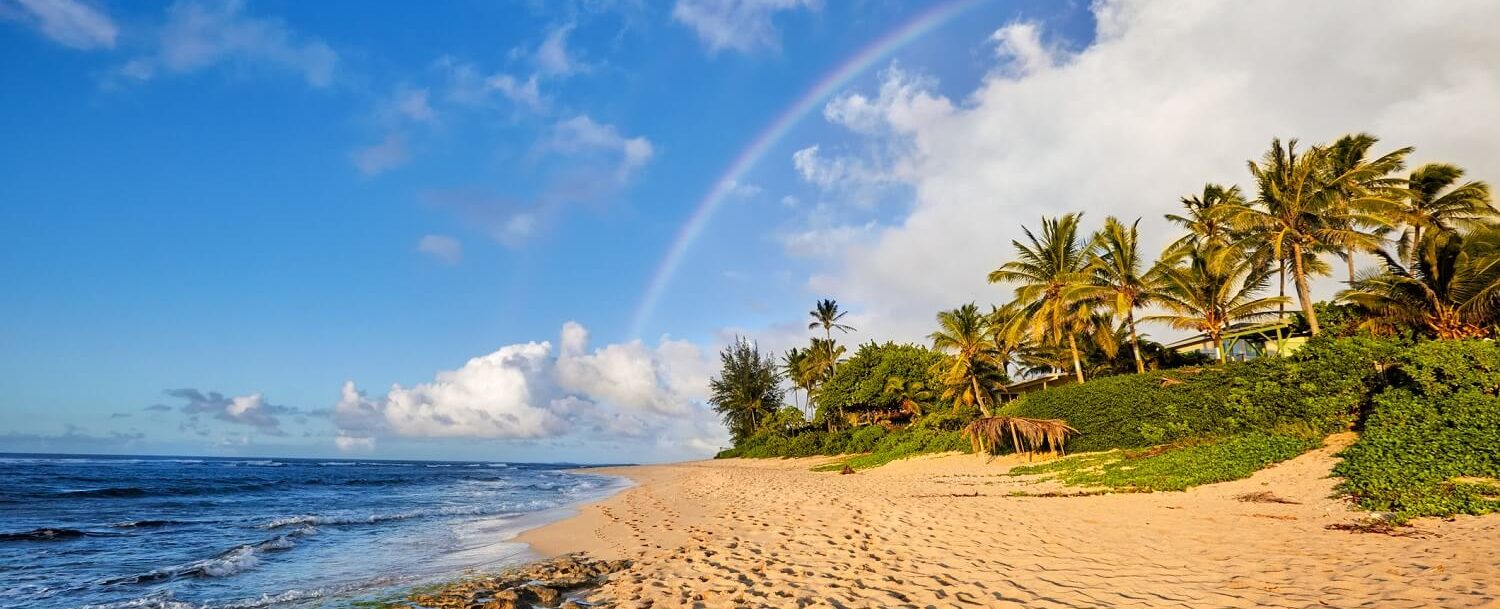 Rainbow over palm-lined Lanikai Beach in Oahu