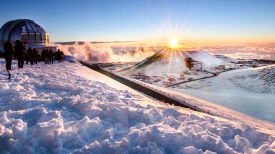 Snow capped Mauna Kea summit sunset Big Island