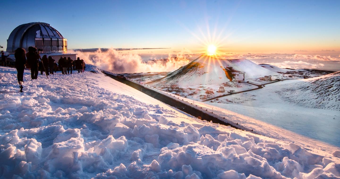 Snow capped Mauna Kea summit sunset Big Island