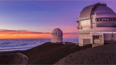 Mauna Kea summit observatories at sunset Big Island