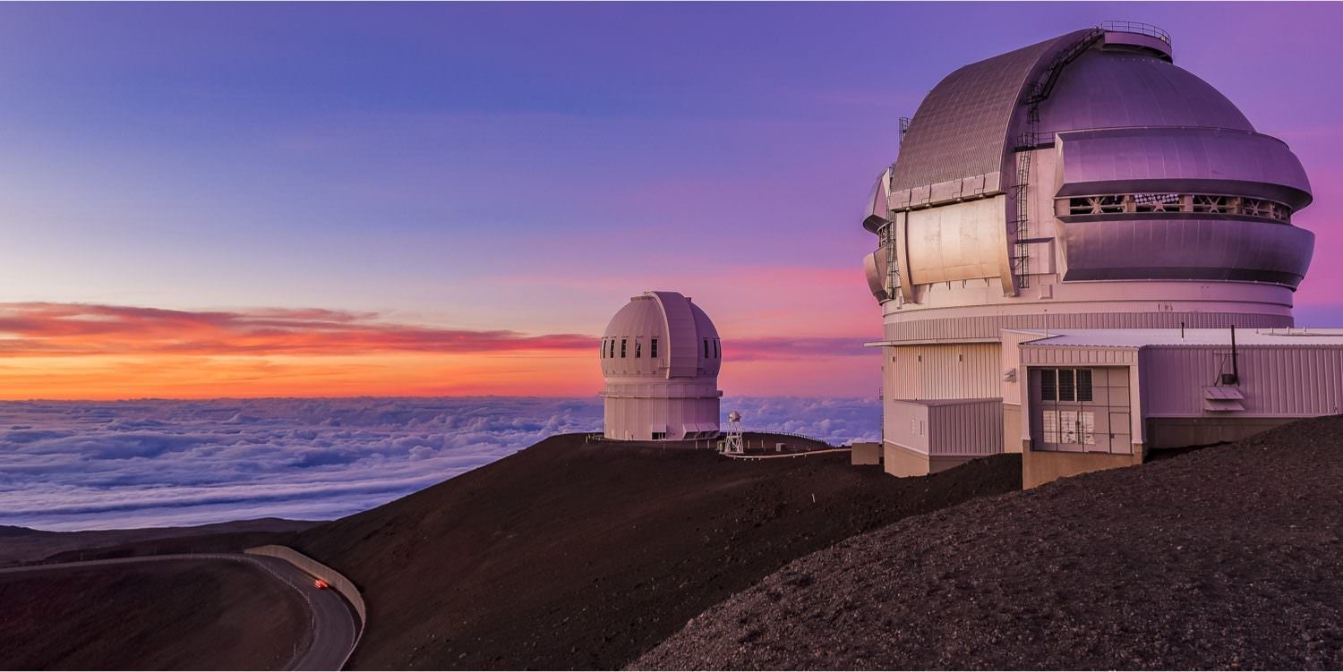 Mauna Kea summit observatories at sunset Big Island