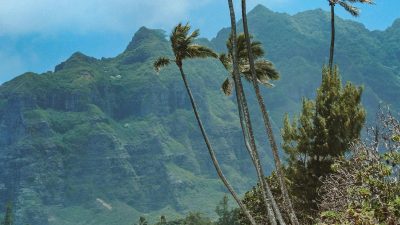 Scenic Oahu beach with dramatic green mountains and clear turquoise water