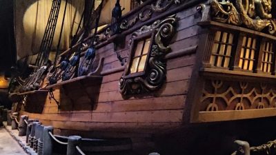 Replica pirate ship Revenge inside the Pirates of Nassau museum, Bahamas