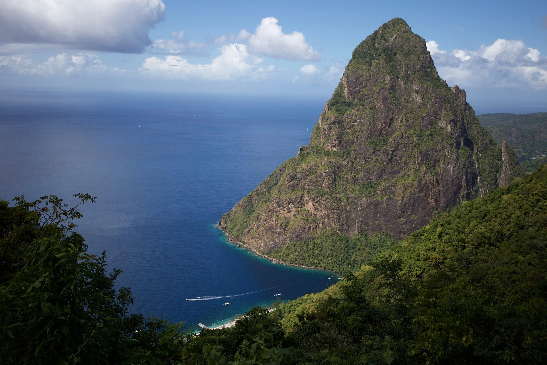 Piton peak rising above the sea near Soufriere St Lucia