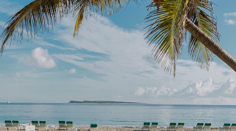 Calm beach with palm trees and loungers at Orient Bay, St Martin, under a clear sky