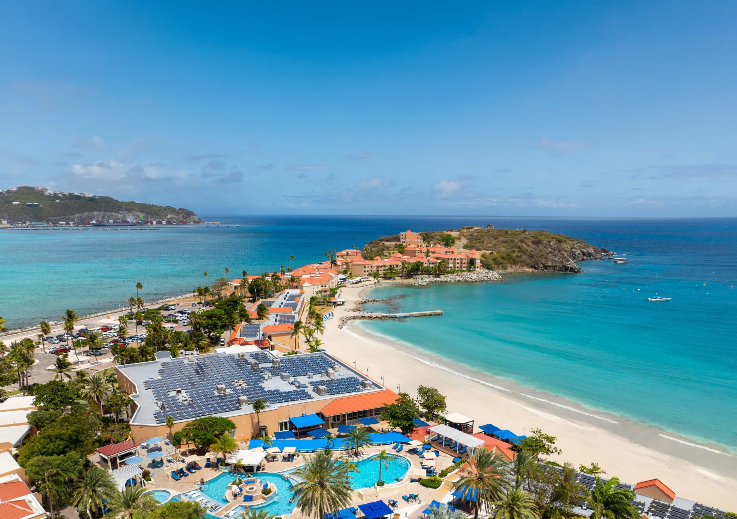 Aerial view of Divi Little Bay Beach Resort and pools in Sint Maarten