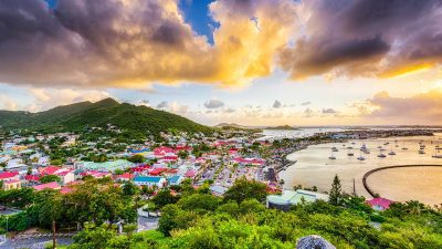 Aerial view of Marigot, the French-side capital of St Martin, at sunset