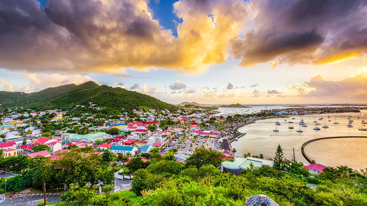 Aerial view of Marigot, the French-side capital of St Martin, at sunset