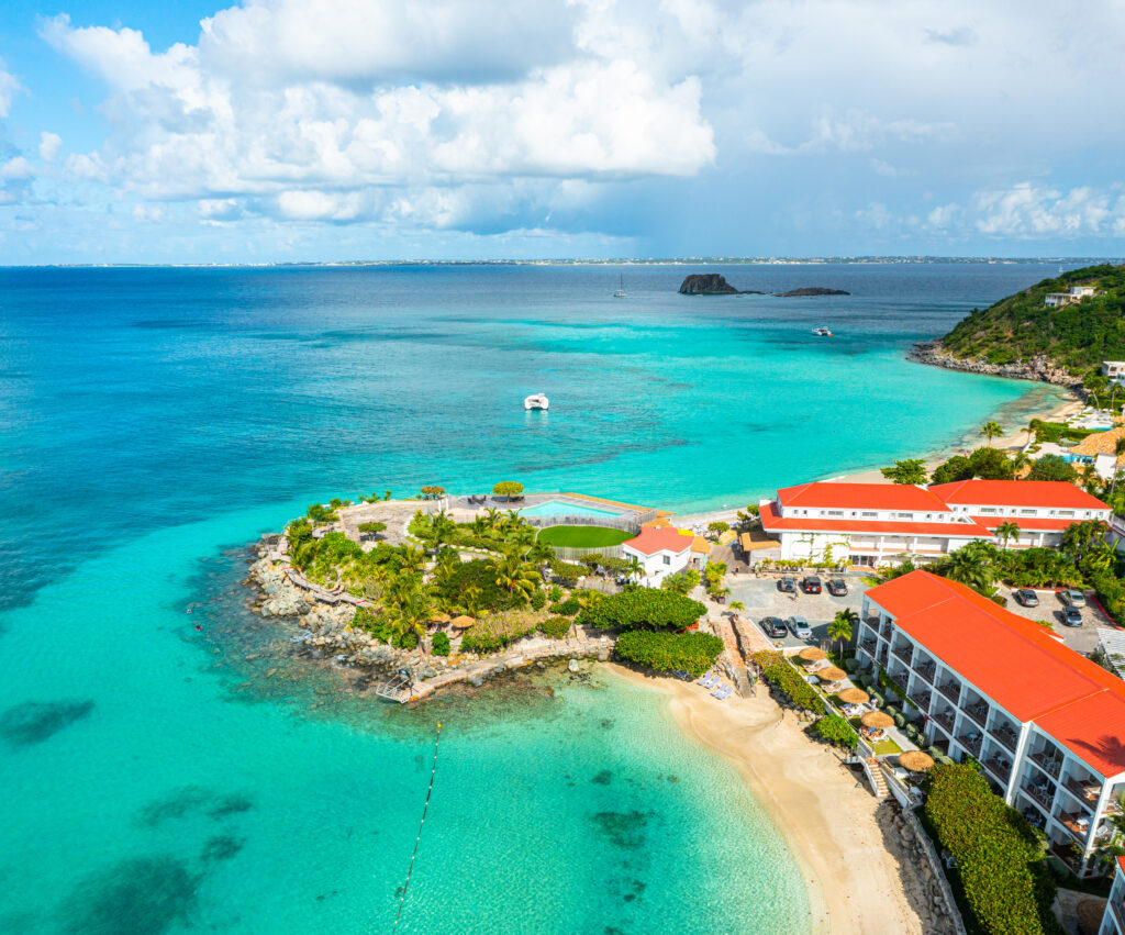 Aerial view of Grand Case Beach Club resort on the coast of St Martin