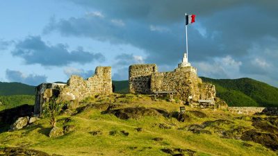 Storm clouds over the ruins of Fort Louis above Marigot, St Martin