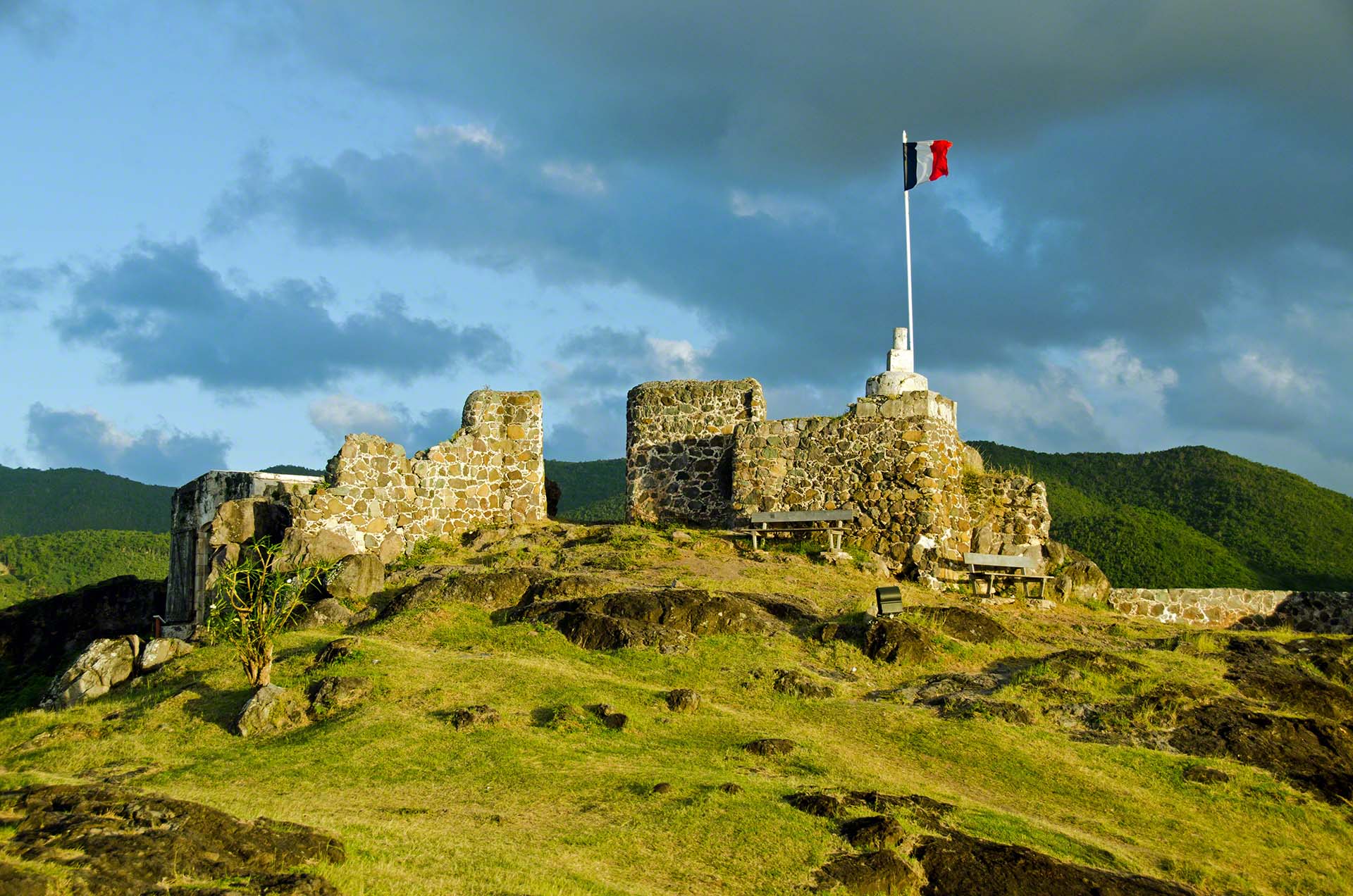 Storm clouds over the ruins of Fort Louis above Marigot, St Martin