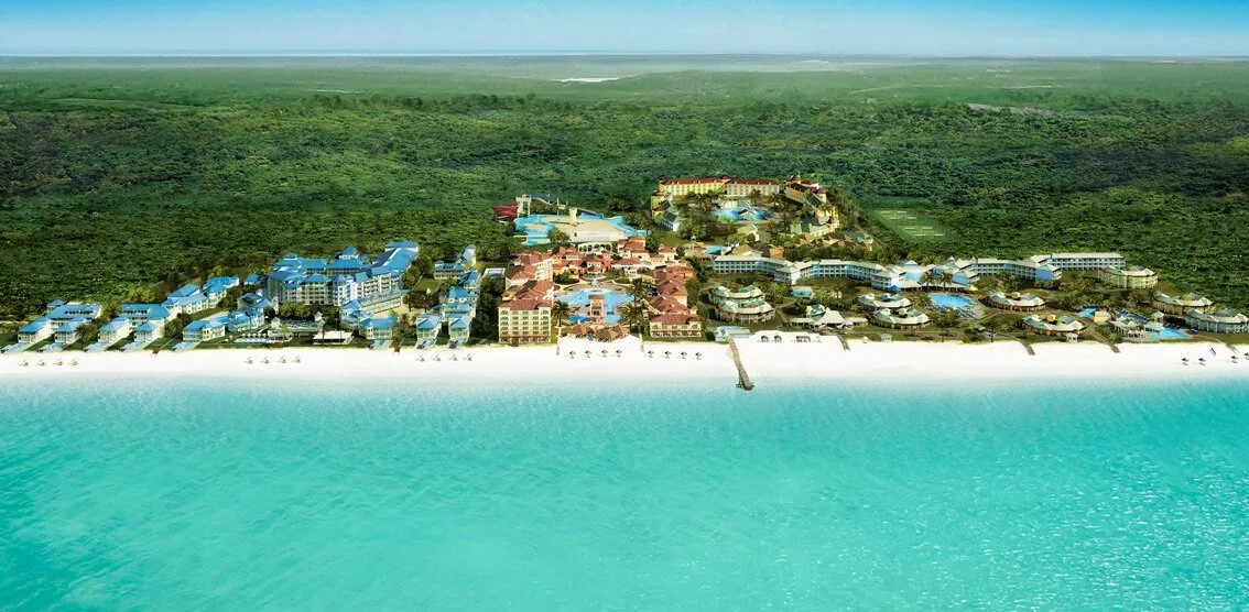 Aerial view of Beaches Turks and Caicos resort along the beach