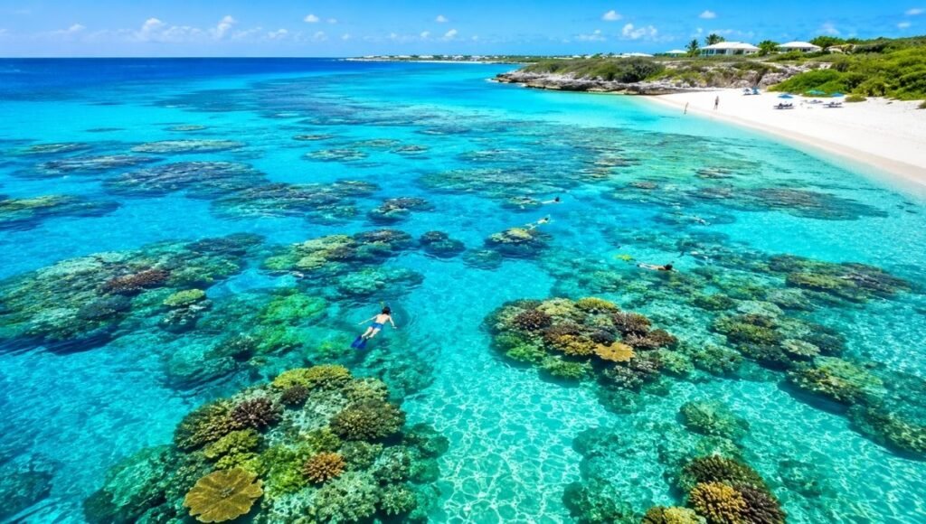 Aerial view of snorkelers swimming over a shallow coral reef near a Turks and Caicos beach