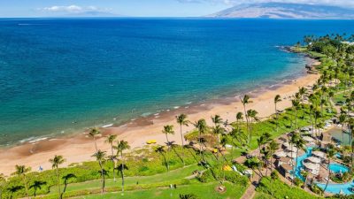 Aerial view of Wailea beach and resort coastline in South Maui