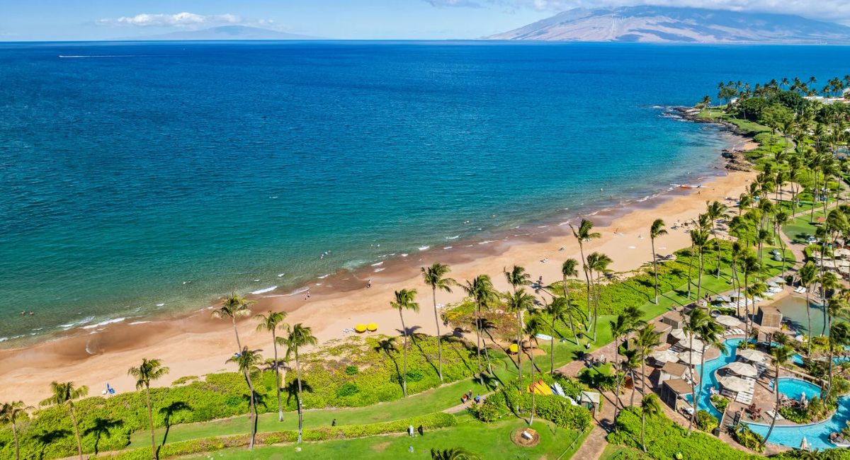 Aerial view of Wailea beach and resort coastline in South Maui